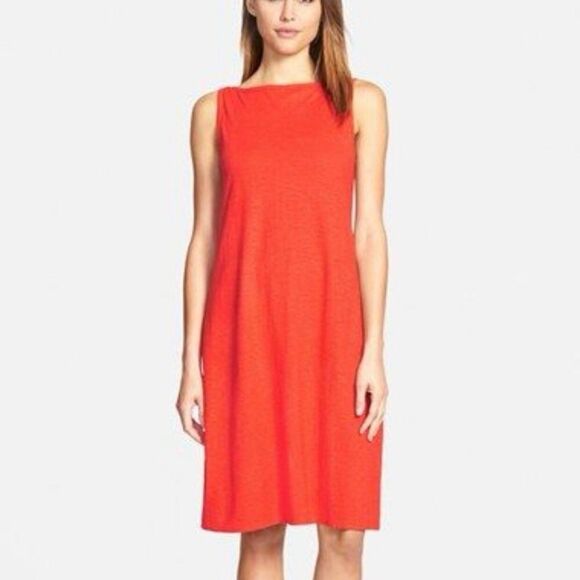 Eileen Fisher Sleeveless Hemp Dress Sz MP Petite Orange Geranium Bateau - Picture 1 of 6